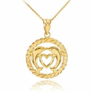 Real Solid Gold Heart Kissing Dolphins Necklace